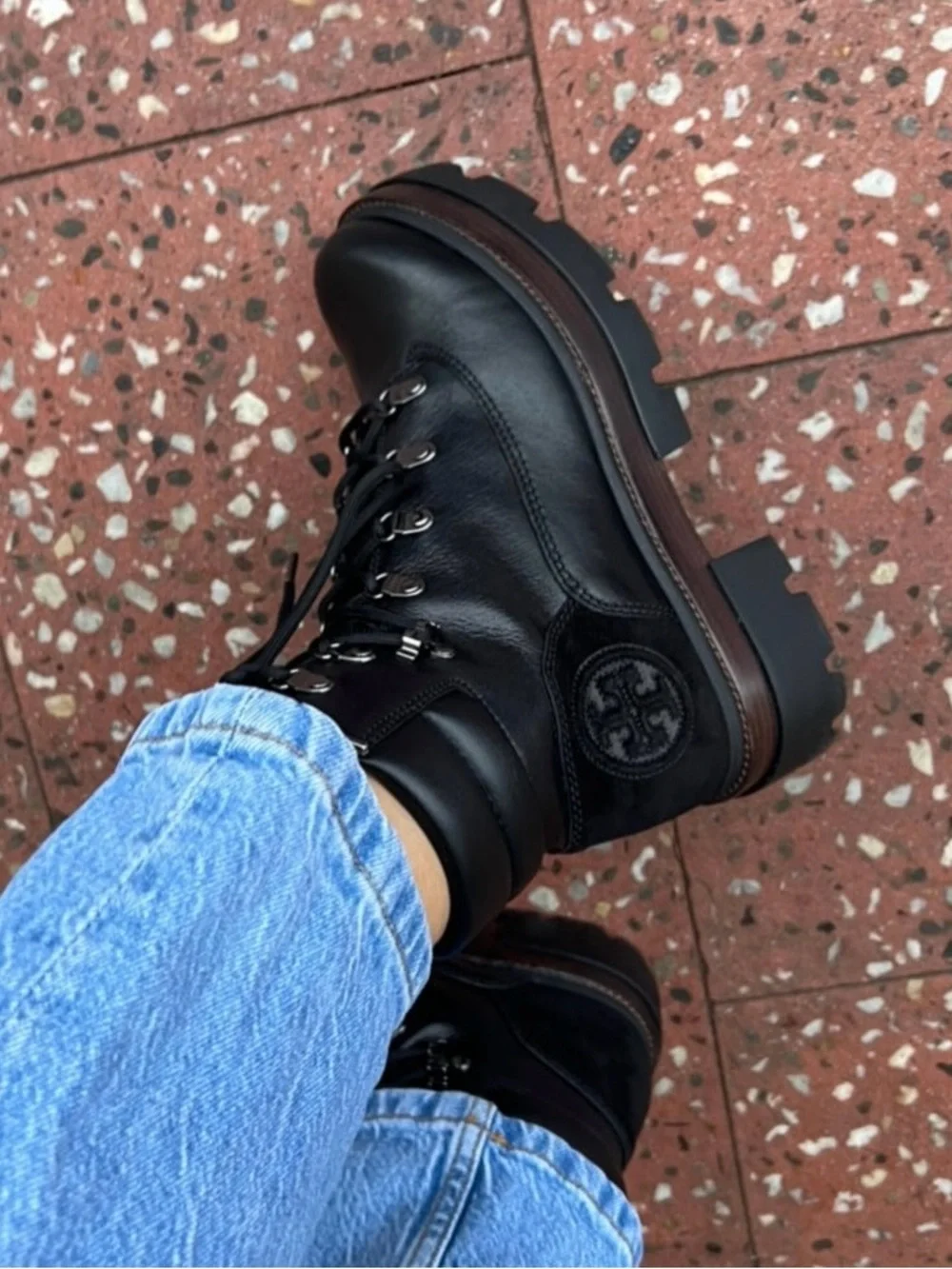 Tory Burch Miller Lug Hiker Boots Black Leather Combat Boots 8.5 Needs REPAIR